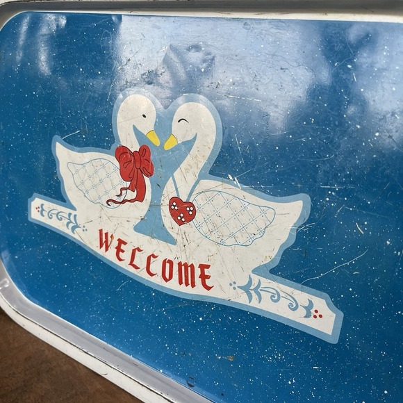 Vintage Blue Granite Duck Goose Welcome Tin Trays Cottagecore Set Of 2 - Picture 4 of 7